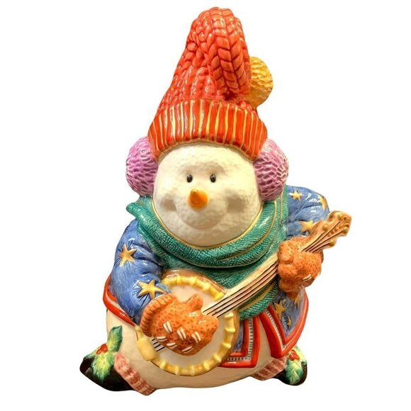 2004 Fitz and Floyd Snowman Jamboree Ceramic Candy Jar Banjo Christmas In Box - Picture 1 of 7